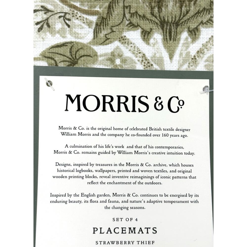 William Morris & Co Placemats Strawberry Thief Cotton Fabric 13x19 4 Sage Green - Picture 5 of 8